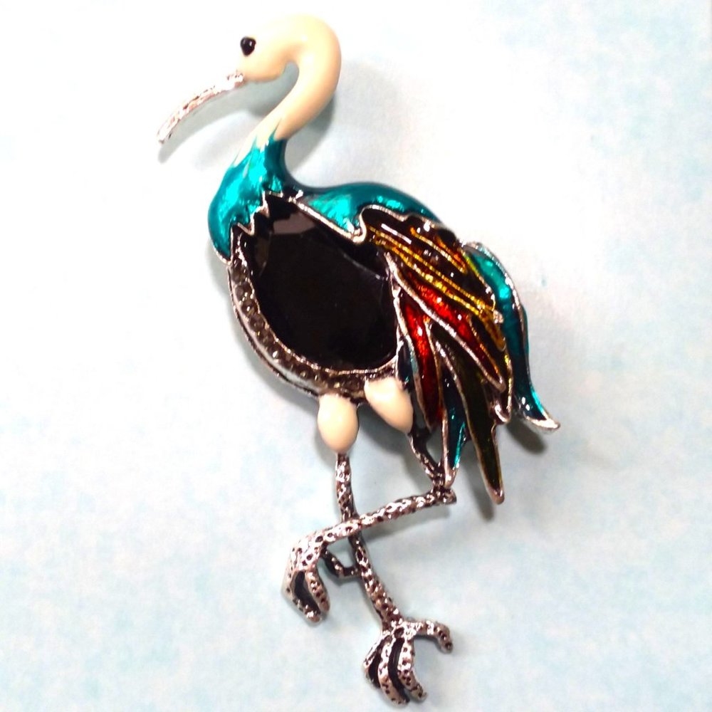 Bird Brooch Enamel Crane Herron Pin Colorful Rhinestone Unique Stylish Glam Gift